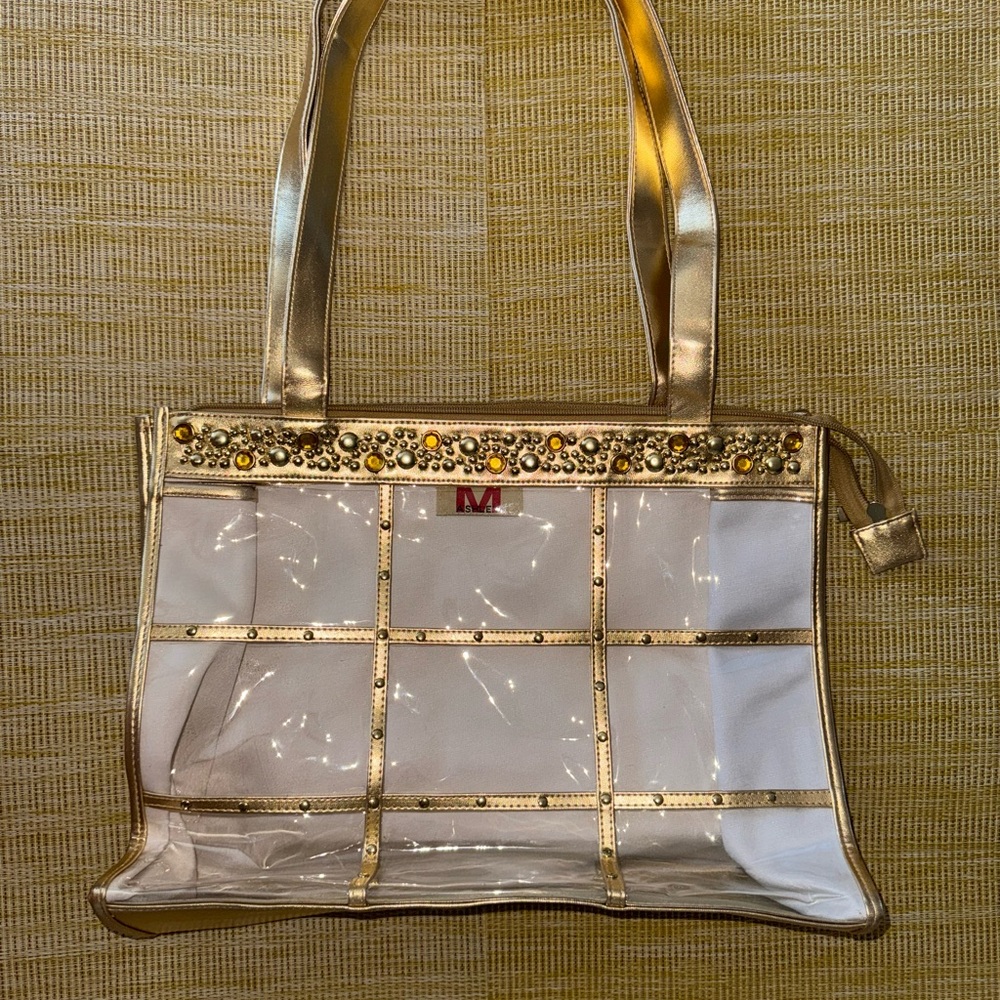 Gold Ashley M Tote Bag with Clear front for stadium use NWOT